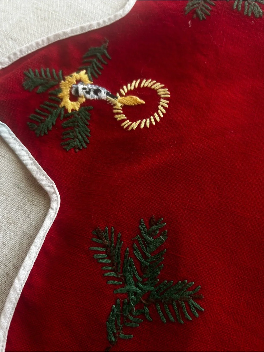 Embroidered Red Star Holiday Table Accent with Candle Motifs